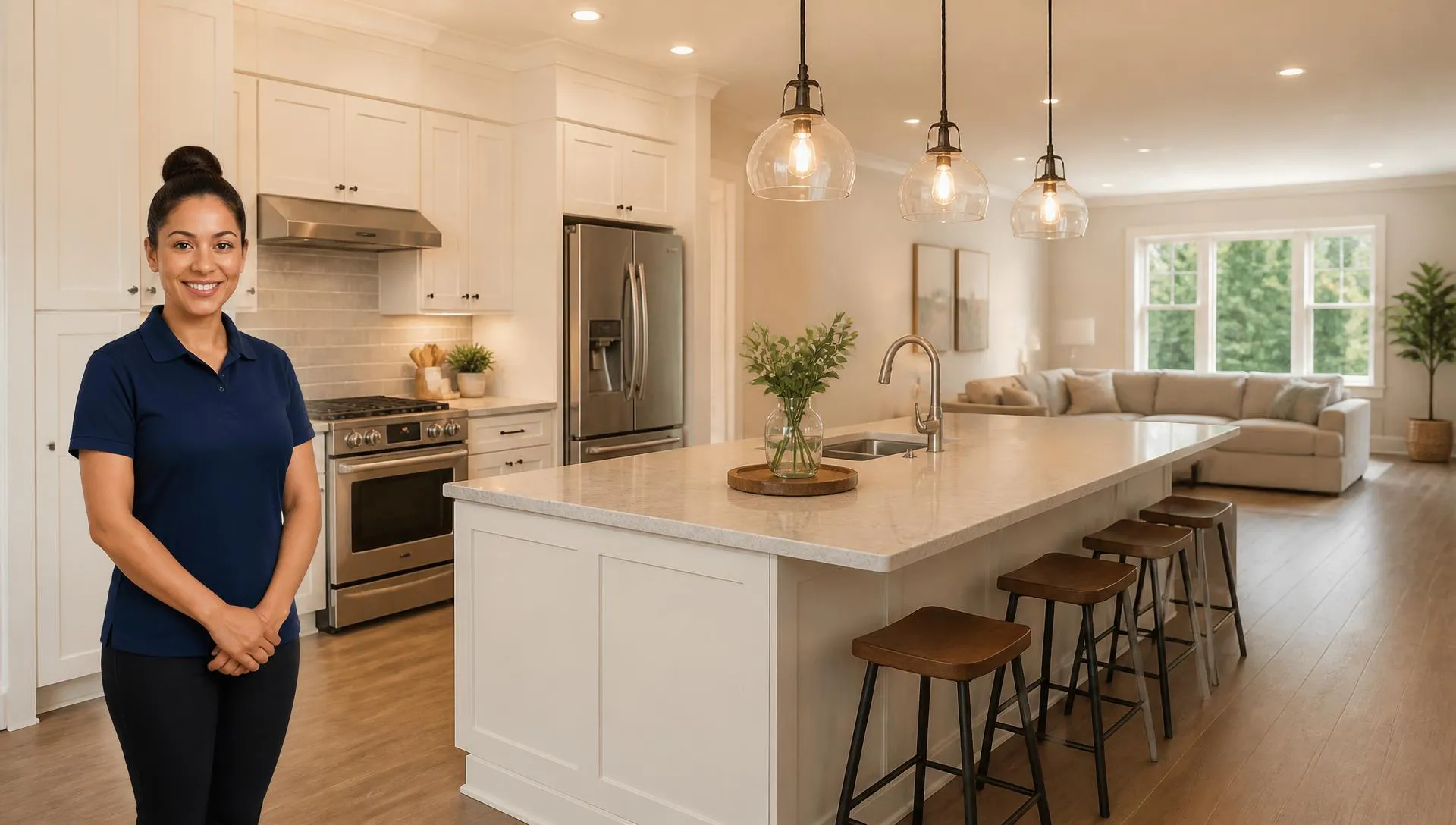 A professional Louisville House Cleaning Pros team member standing on the left side of a bright, clean kitchen and living room, smiling warmly at the camera